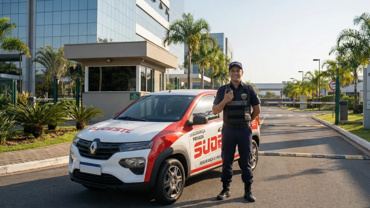 Profissional da Sudeste junto a veículo de segurança na entrada de empreendimento.