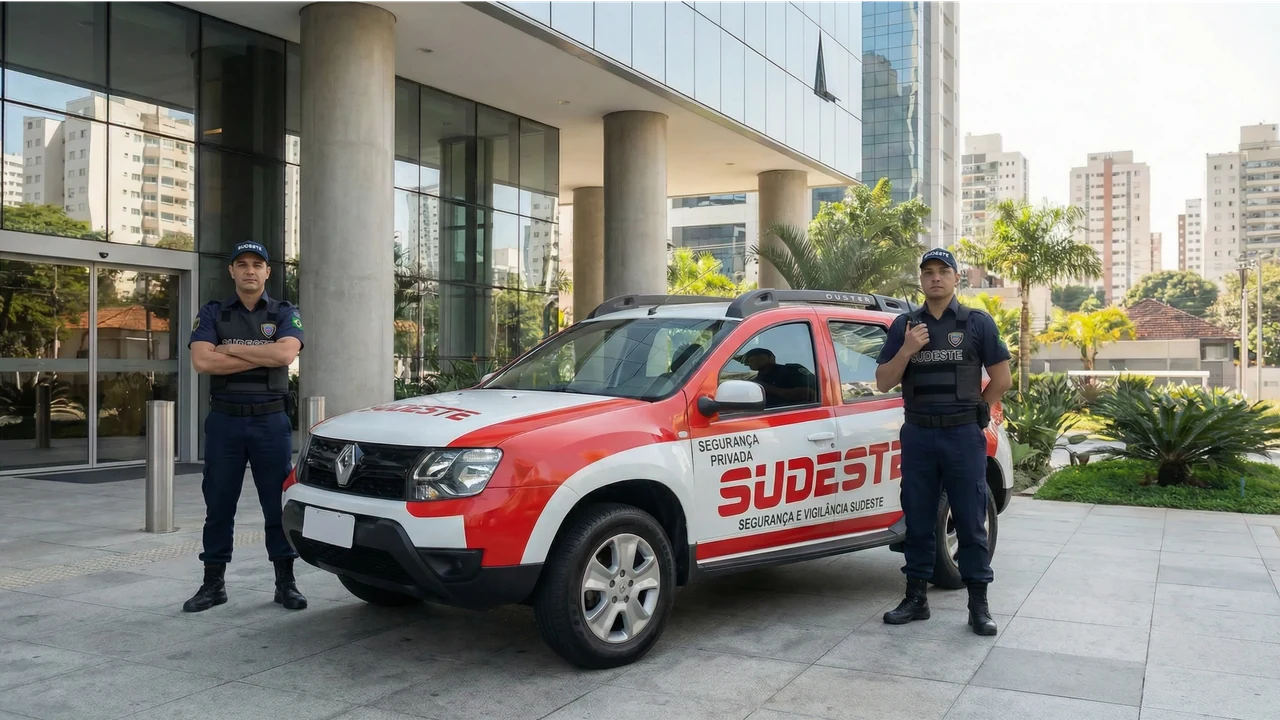 Equipe da Sudeste junto a veículo de segurança diante de edifício corporativo.