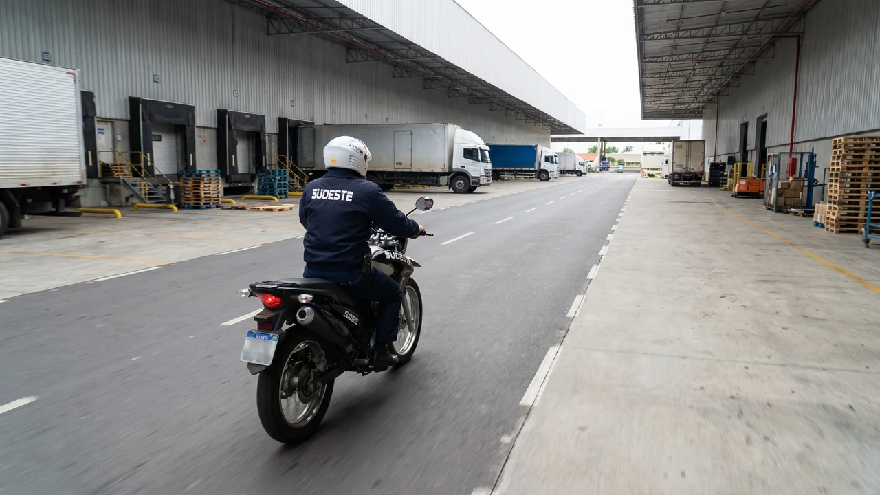 Profissional de motopatrulhamento circula em centro logístico.