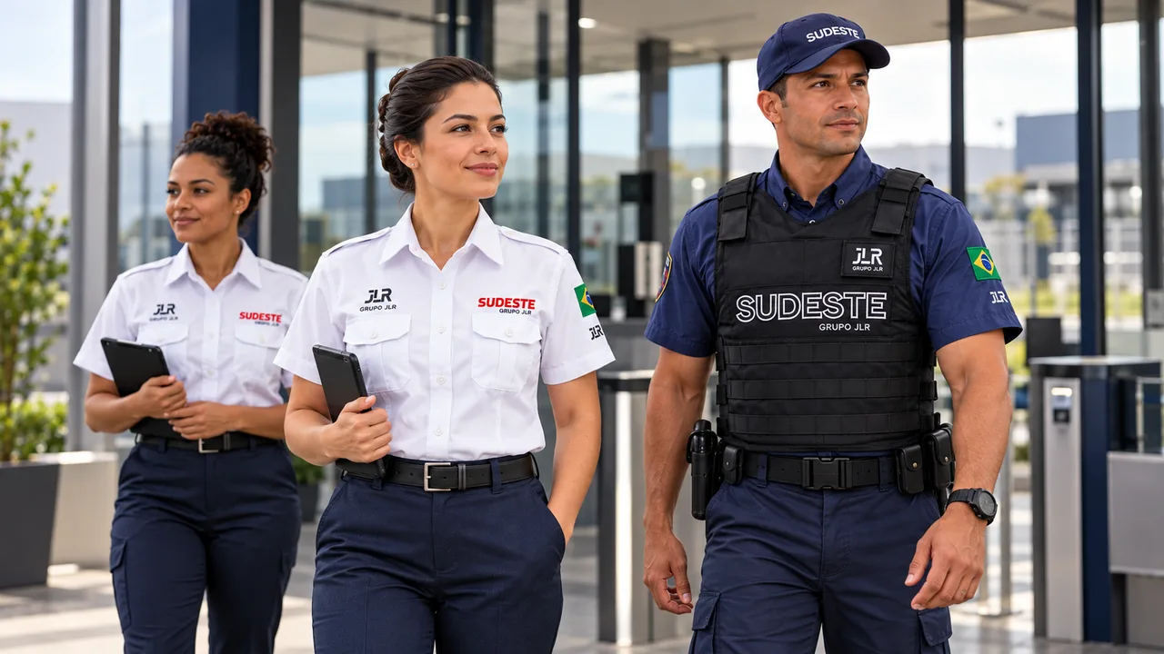 Três profissionais com uniformes Sudeste e Grupo JLR.