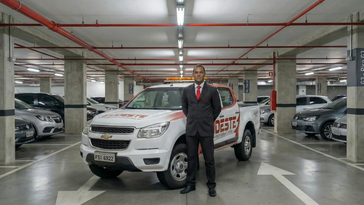 Profissional da Sudeste junto a veículo operacional em estacionamento.
