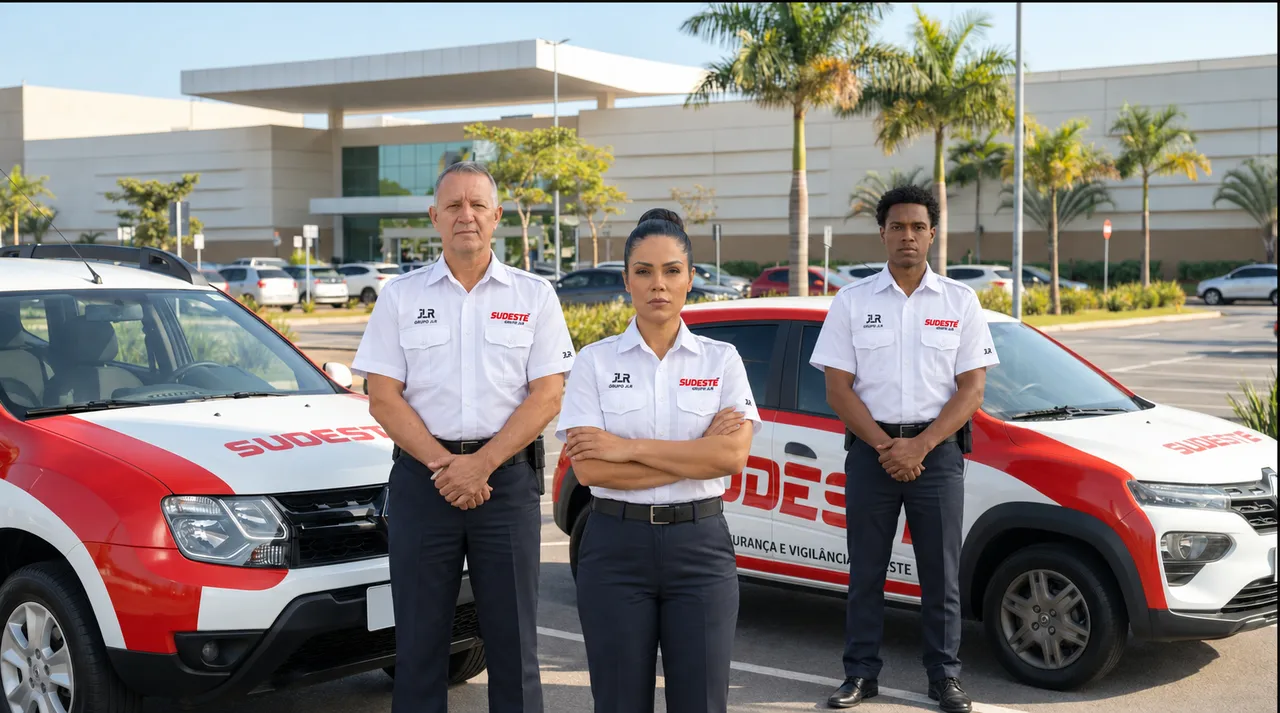 Três profissionais com uniformes Sudeste e Grupo JLR.