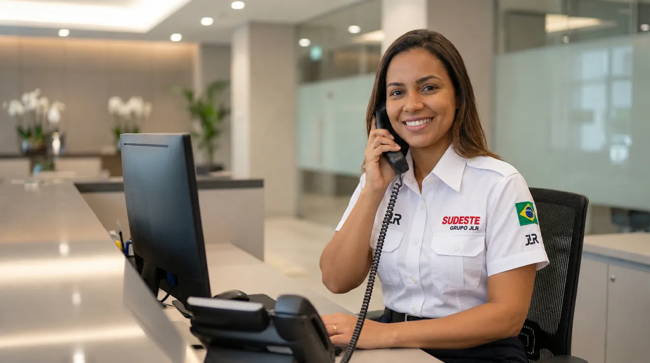 Profissional de atendimento em ambiente de recepção.