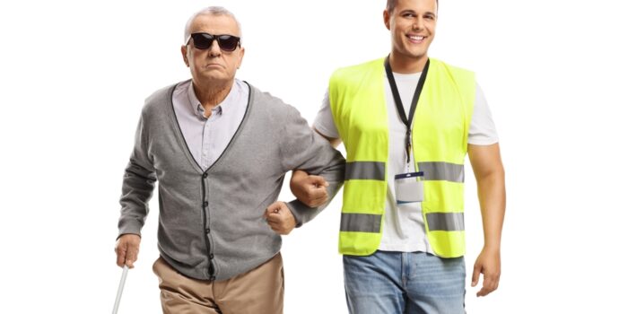 Community,Worker,Helping,A,Blind,Man,Isolated,On,White,Background
